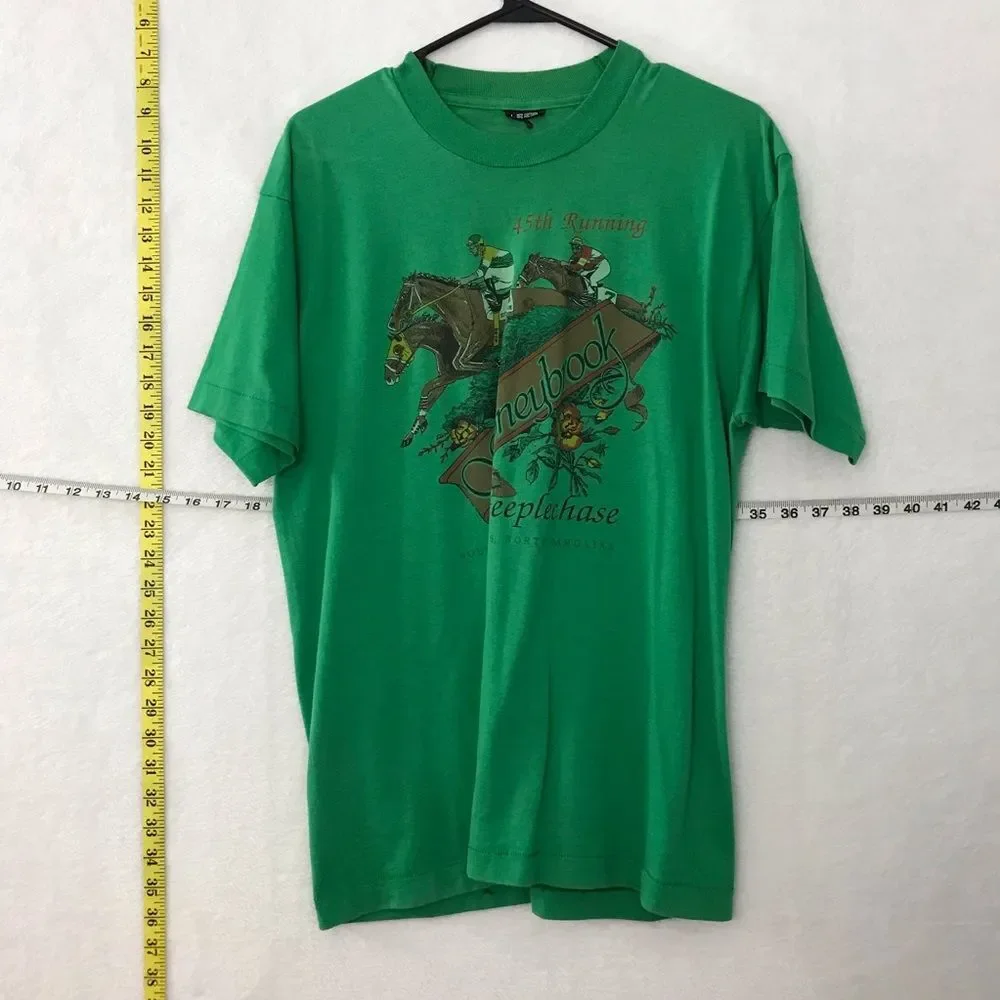 Vintage Mens Sz Large 45th Running Honeybrook Steeplechase Green Horse Tee Shirt